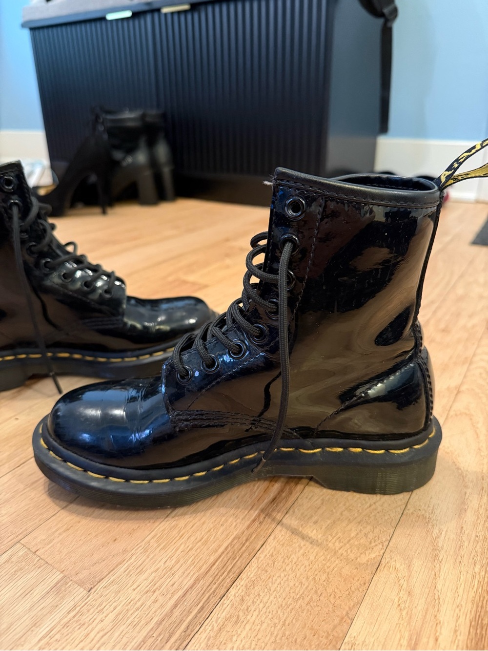 Dr. Martens Black Patent Lace-Up Combat Boots with Yellow Stitching